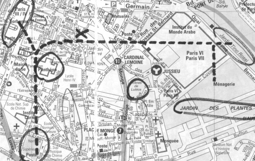 un plan du V<sup>�me</sup> arrodissement de Paris,
avec le dessin du souterrain